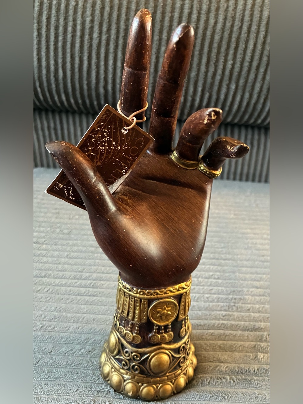 Vintage Brown and Gold Decorative Hand Ring Holder Display by CopperLeaf Wooden